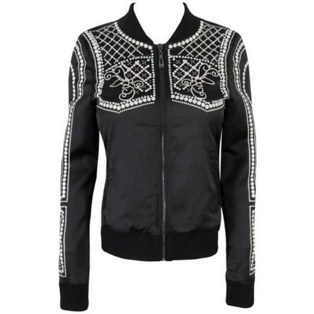 NWOT House of CB Black Satin Crystal Bomber Jacket
